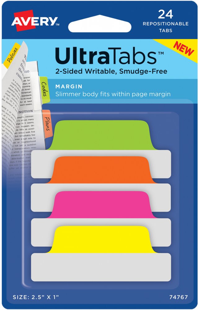 Zakładki samoprzylepne Avery Zweckform Ultra Tabs 74767, indeksujące, 63.5x25.4mm, 24 sztuki, mix kolorów neonowych