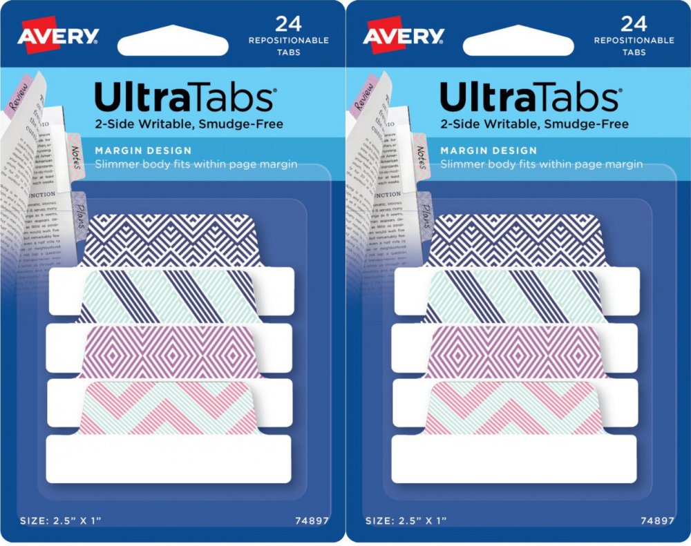 2x Zakładki samoprzylepne Avery Zweckform Ultra Tabs 74897, indeksujące ze wzorkami, folia, 65.5x25.4mm, 24 sztuki, mix kolorów