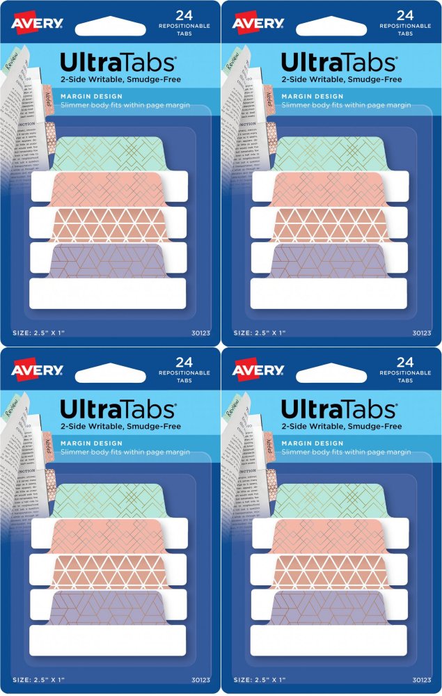 4x Zakładki samoprzylepne Avery Zweckform Ultra Tabs 30123, indeksujące ze wzorkami, folia, 65.5x25.4mm, 24 sztuki, mix kolorów