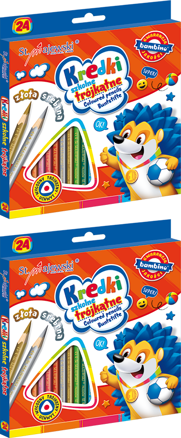 2x Kredki ołówkowe Bambino Zwierzaki Uczniaki, w oprawie drewnianej, trójkątne, 24 sztuki, mix kolorów