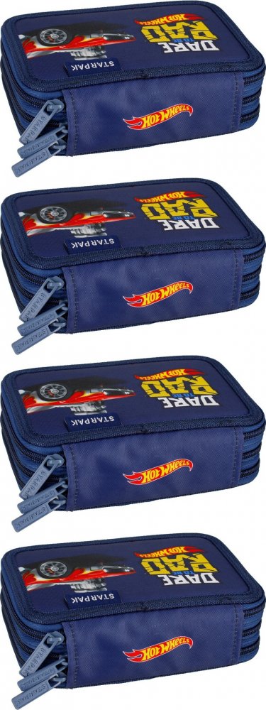 4x Piórnik 3-komorowy Starpak Hot Wheels, z wyposażeniem, 6x13x19cm, niebieski