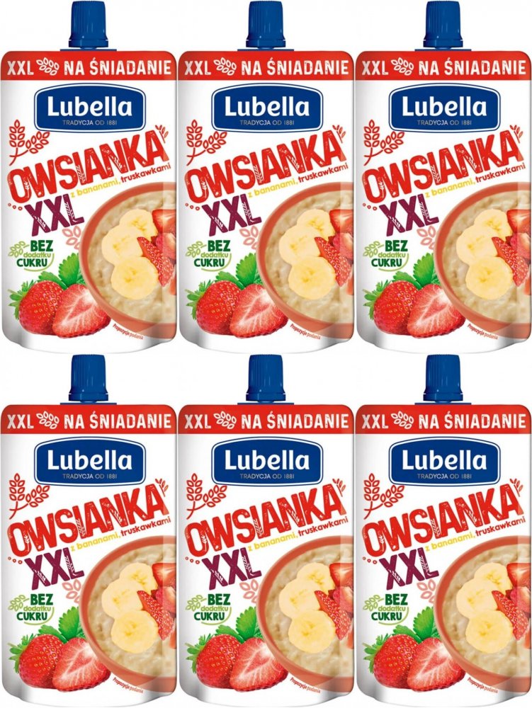 6x Mus owsianka XXL Lubella, truskawka, banan, bez cukru, 170g