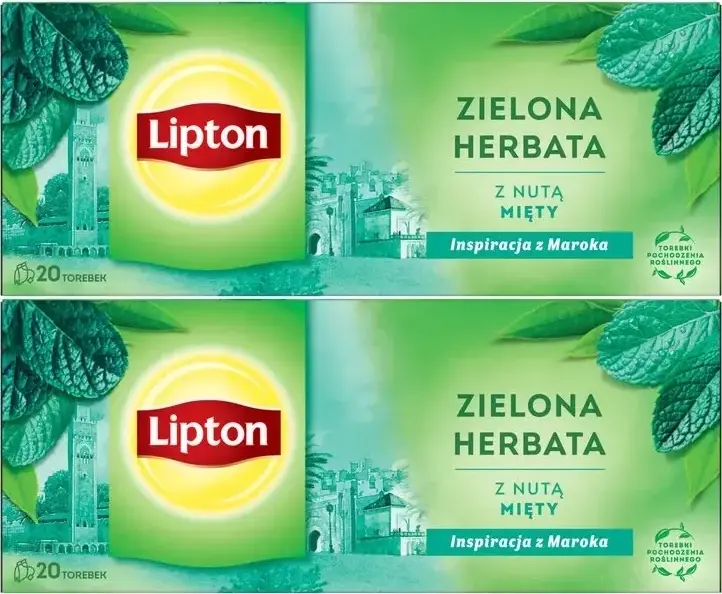 2x Herbata zielona smakowa w torebkach Lipton Green Tea Mint, mięta, 20 sztuk x1.3g