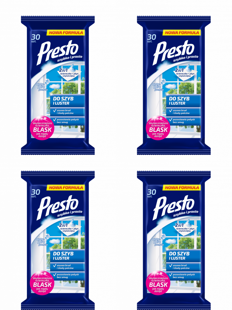 4x Chusteczki do czyszczenia szyb i luster Presto, nawilżone, 30 sztuk