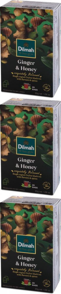 3x Herbata czarna aromatyzowana w torebkach Dilmah Ginger & Honey, imbir i miód, 20 sztuk x 1.5g