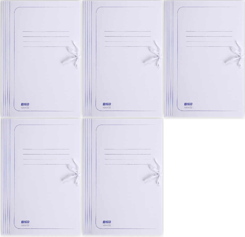 5x teczka wiązana BIGO, A4, kartonowa, 280g/m2, 35mm, biały