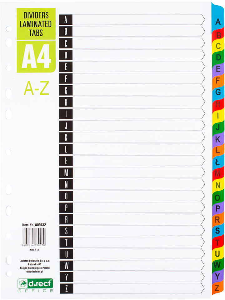 Przekładki do segregatora D.Rect, kartonowe, alfabetyczne, A4, 24 karty, mix kolorów