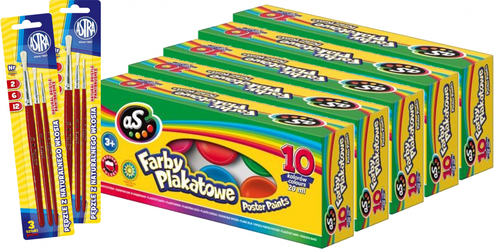 Zestaw: 5x Farby plakatowe Astra AS, 20ml , 10 sztuk, mix kolorów + 2x Zestaw pędzli Astra, z naturalnego włosia, rozmiar 2/6/12, 3 sztuki
