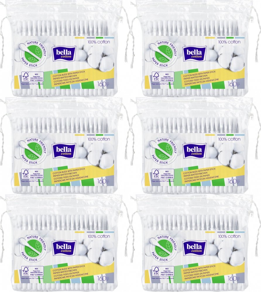 6x Patyczki do uszu Bella Cotton, w folii, 160 sztuk