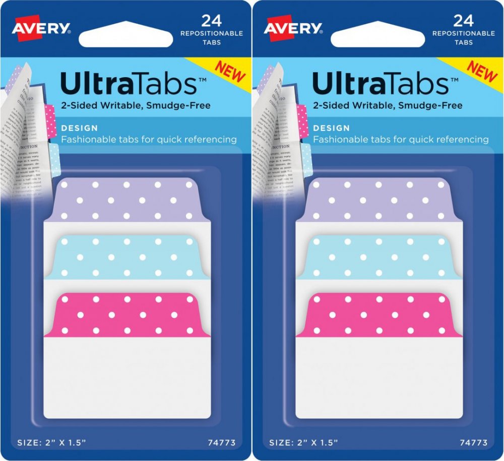 2x Zakładki samoprzylepne Avery Zweckform Ultra Tabs 74773, indeksujące ze wzorkami, folia, 50.8x38.1mm, 24 sztuki, mix kolorów