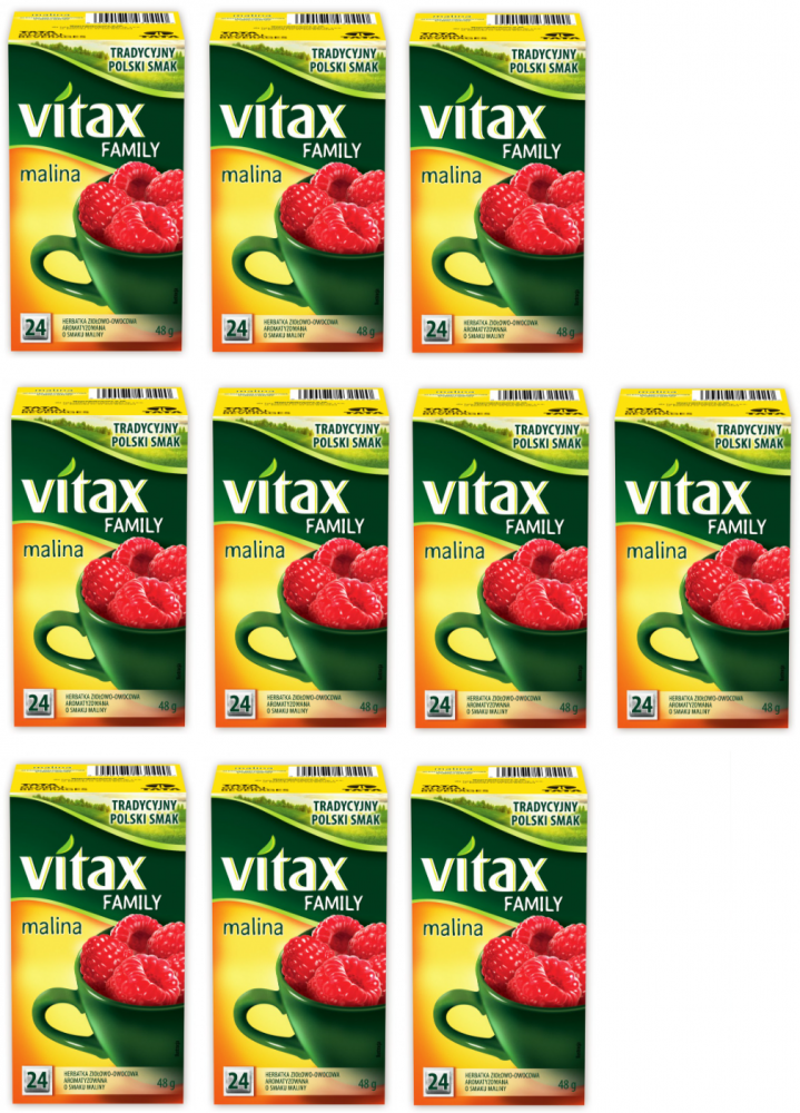 10x Herbata owocowa w torebkach Vitax Family, malina, 24 sztuki x 2g