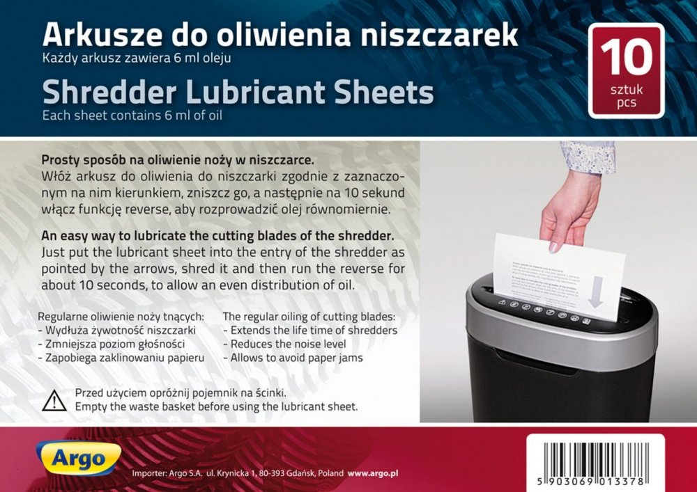 Arkusze olejowe do niszczarek Argo, 10 sztuk
