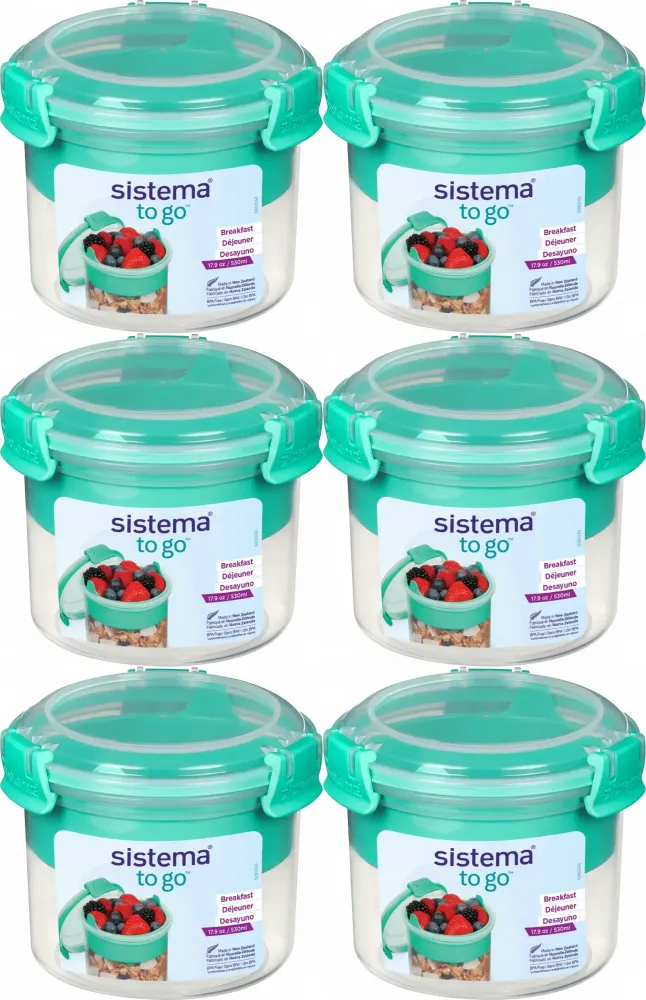 6x Lunchbox na śniadanie Sistema Breakfast To Go, z łyżeczką, 530ml, miętowy