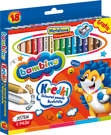 Kredki Bambino Zwierzaki Uczniaki, w oprawie drewnianej, 18 sztuk + temperówka, mix kolorów