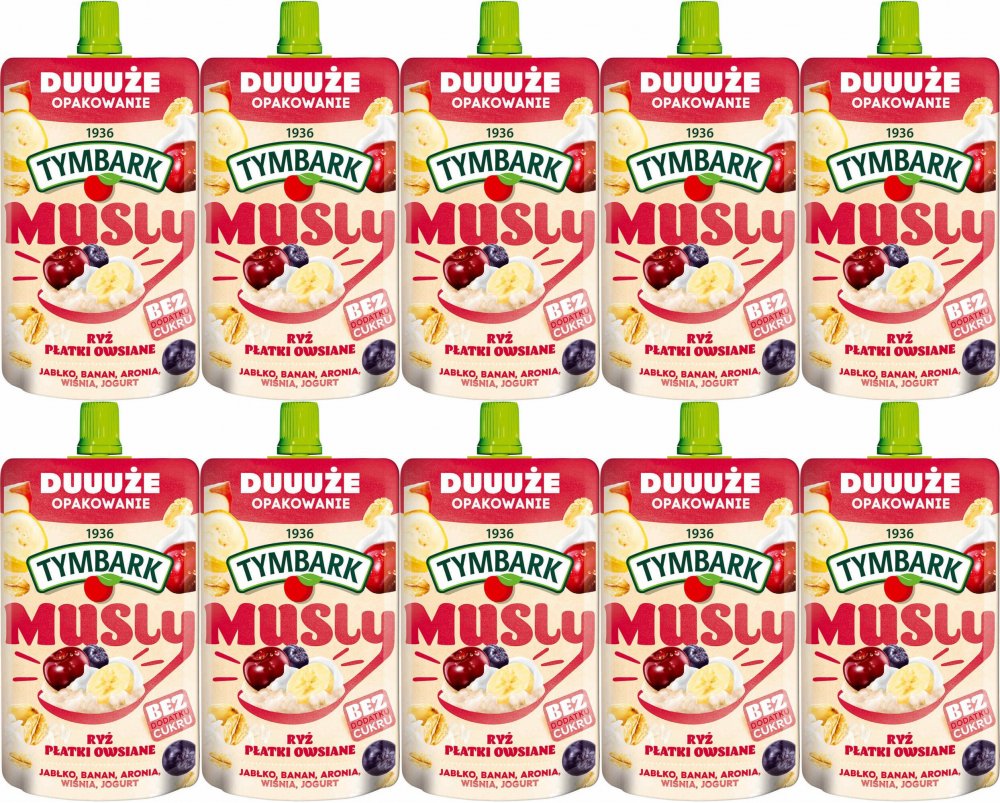 10x Mus Tymbark Musly ryż i płatki owsiane, jogurt/jabłko/aronia/wiśnia, bez cukru, 170g