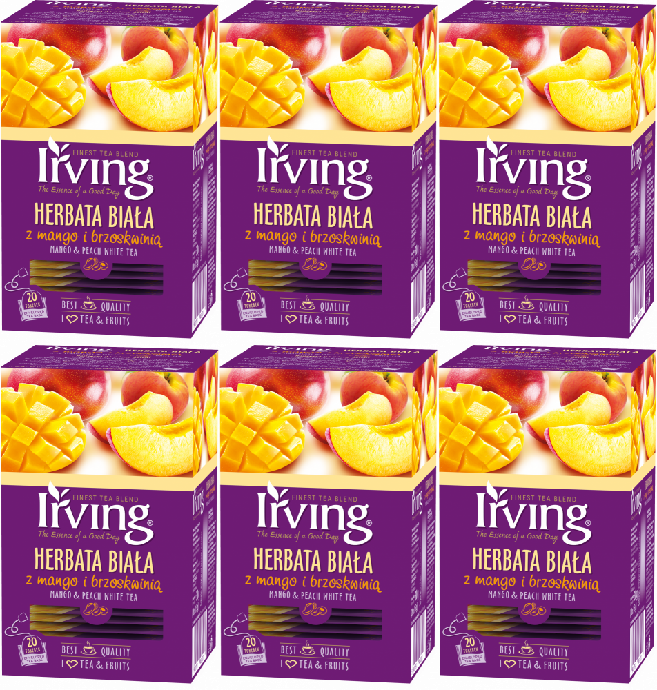6x Herbata biała smakowa w kopertach Irving, mango z brzoskwinią, 20 sztuk x 1.5g