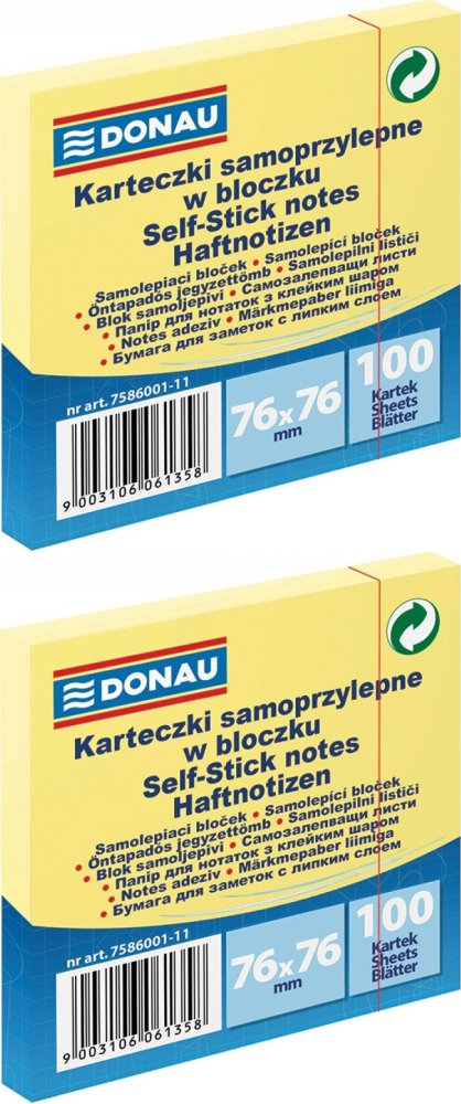 2x Karteczki samoprzylepne Donau, 76x76mm, 100 karteczek, jasnożółty