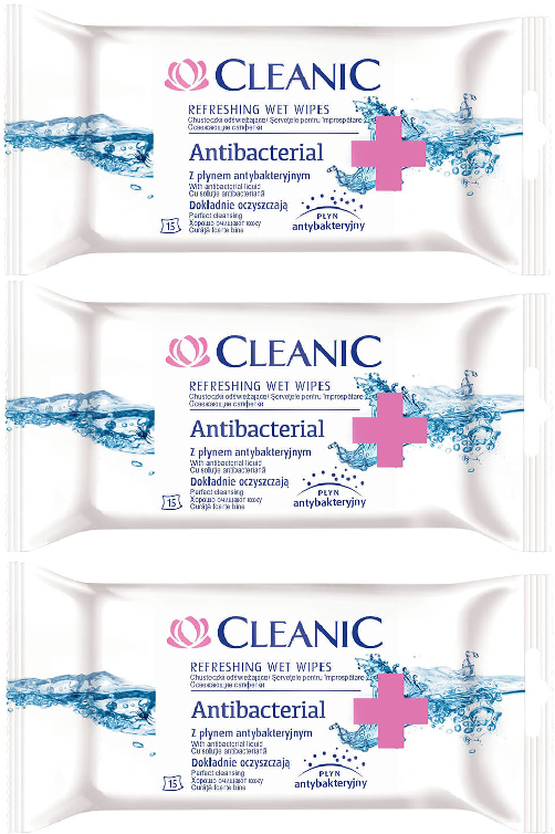 3x chusteczki antybakteryjne Cleanic Antybacterial, 15 sztuk, biały