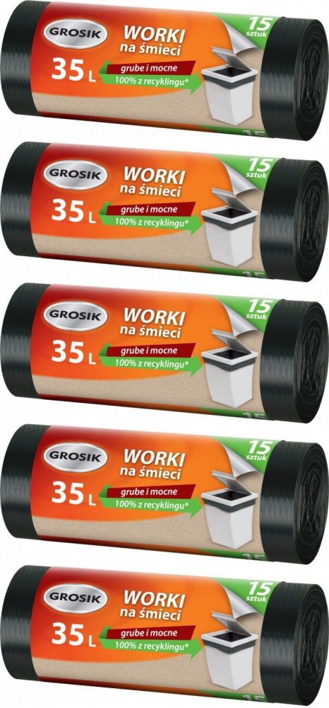 5x Worki na śmieci Grosik, na odpady zmieszane, supergrube, 35l, 15 sztuk, czarny