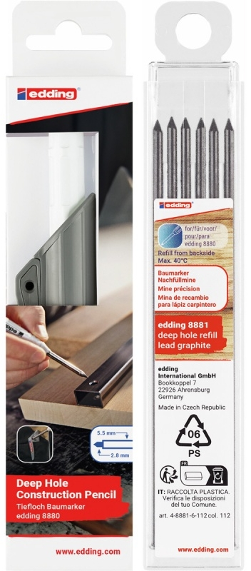 Zestaw: Ołówek budowlany edding e-8880, do głębokich otworów, grafitowy, blister + Wymienne wkłady edding e-8881, do ołówka e-8880, 6 sztuk, grafitowy