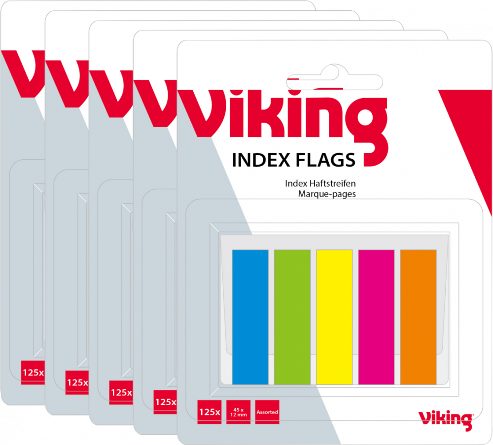 5x Zakładki samoprzylepne Viking proste, indeksujące, folia, transparentne, 45x12mm, 5x25 sztuk, mix kolorów
