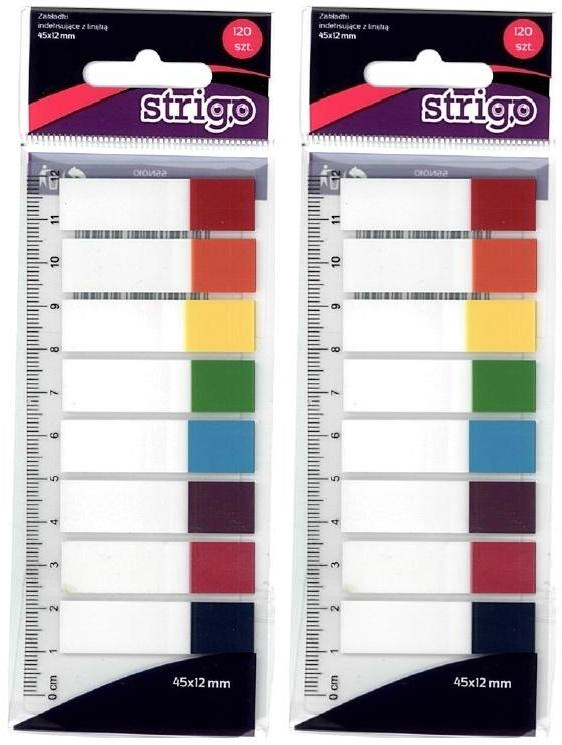 2x Zakładki samoprzylepne Strigo, indeksujące, z linijką, 45x12mm, 120 sztuk, mix kolorów