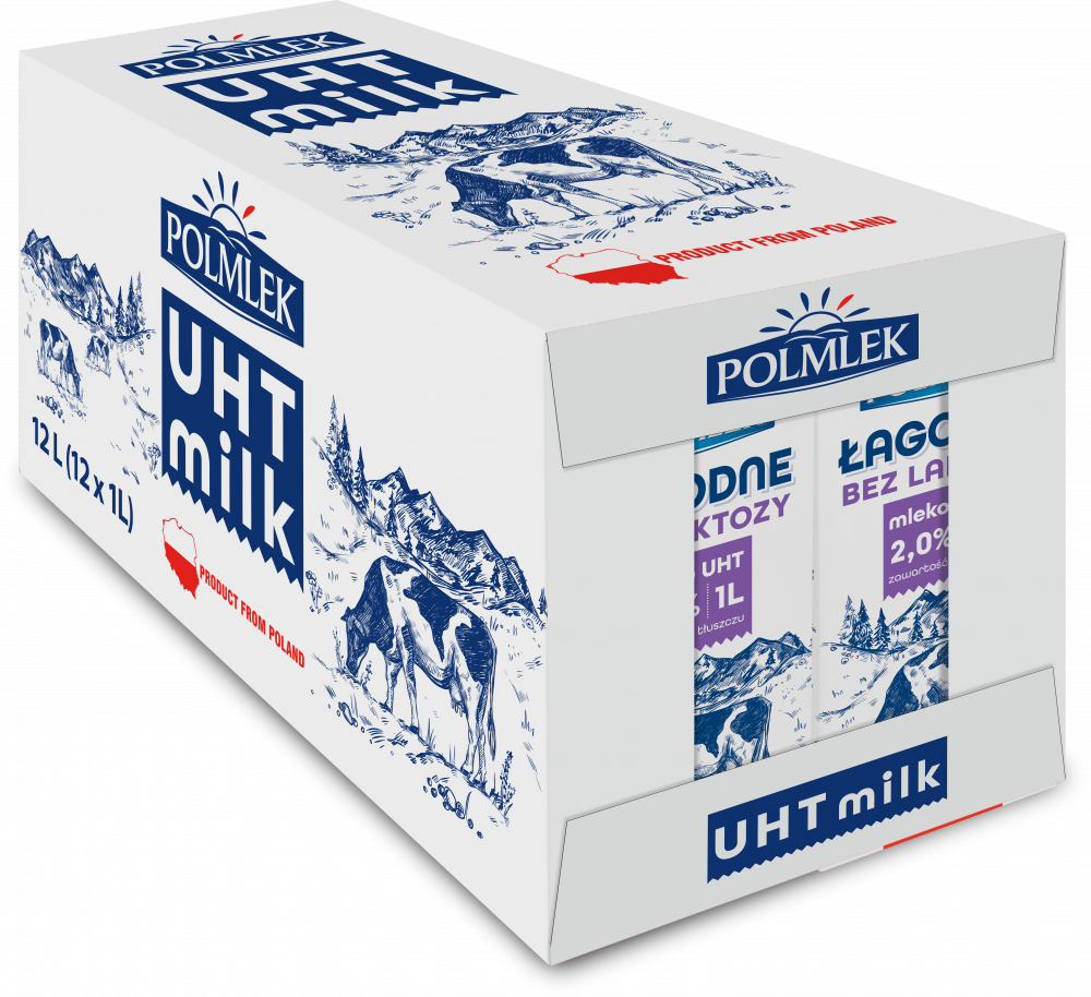 12x mleko UHT Łagodne, bez laktozy, 2%, 1l