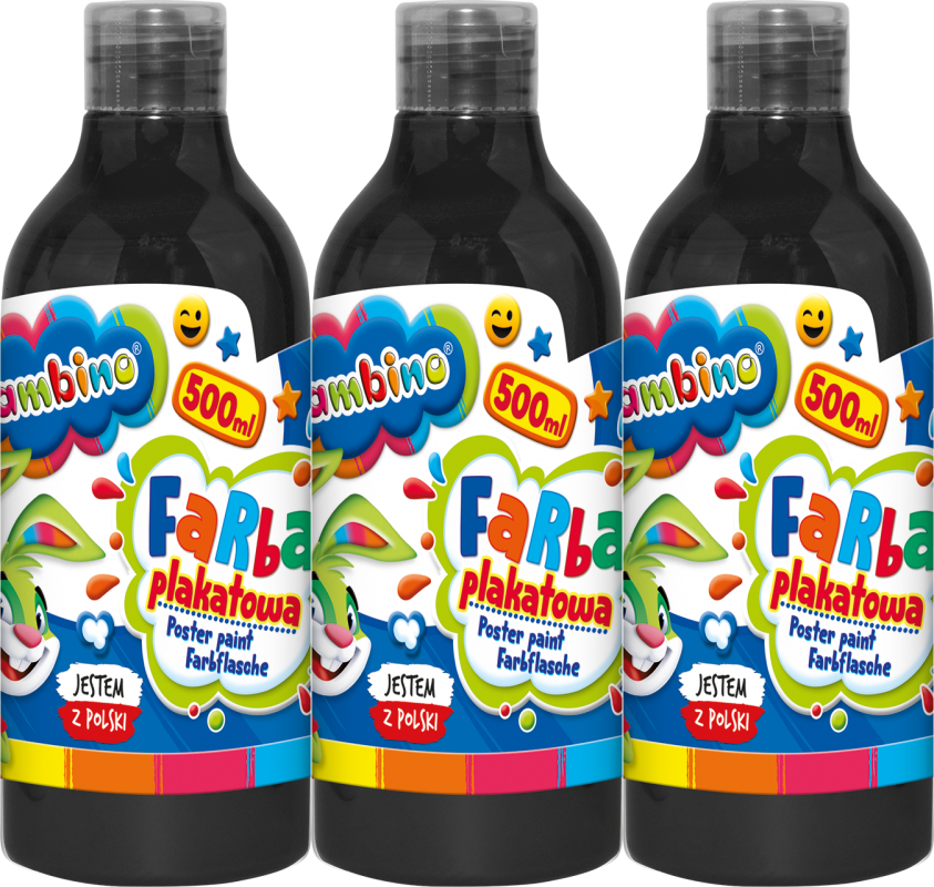 3x Farba plakatowa Bambino Zwierzaki Uczniaki, w butelce, 500ml, czarny