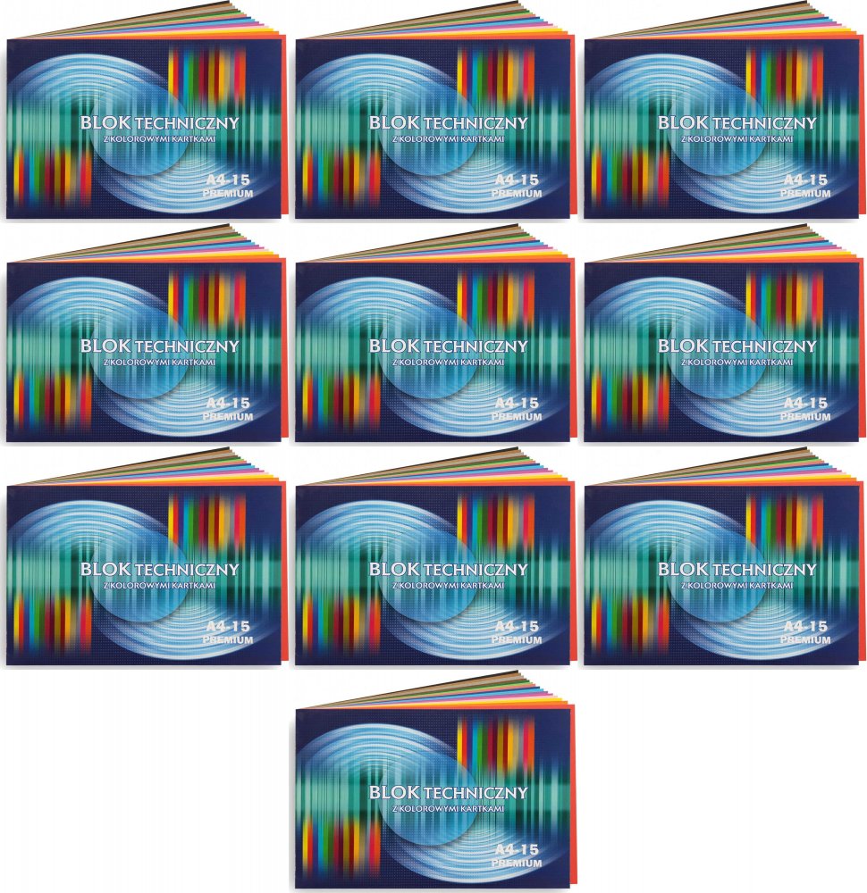 10x Blok techniczny kolorowy Kreska Premium, A4, 170g/m2, 15 kartek, kolorowy