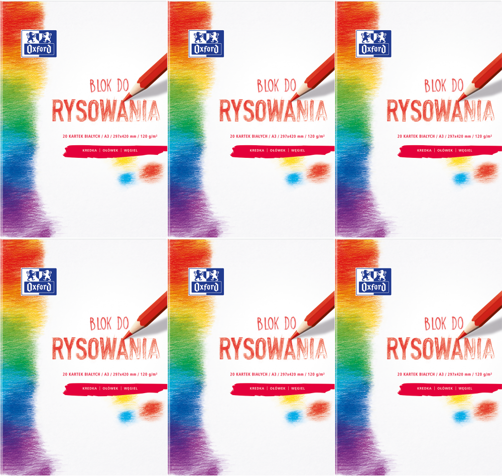 6x Blok rysunkowy Oxford, A3, 20 kartek, biały