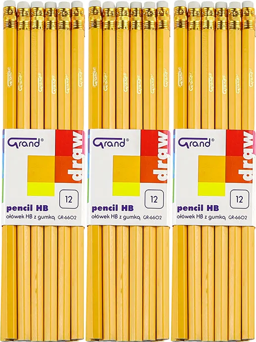 3x Ołówek Grand, lakierowany, HB, 12 sztuk, z gumką, żółty