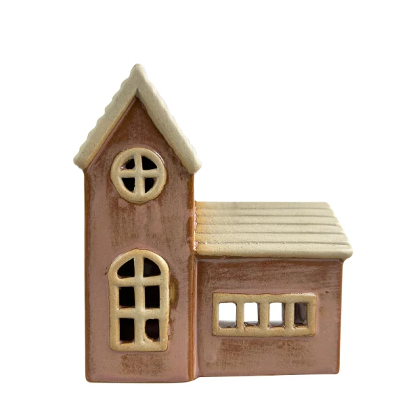 Domek na T-light ceramiczny brązowy, beżowy dach 9,5x11cm
