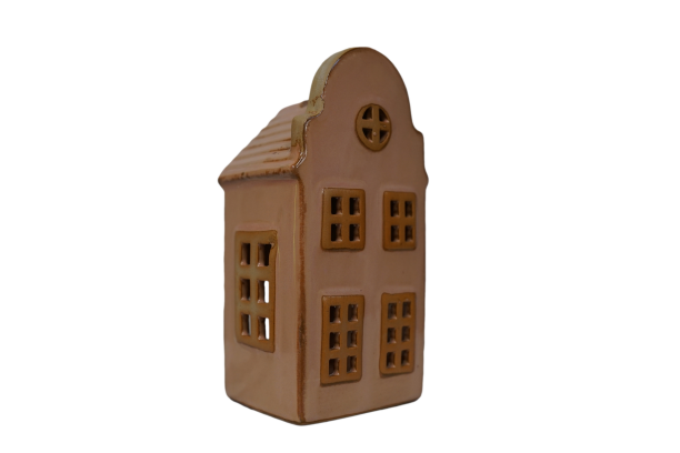 Domek na T-light ceramiczny brązowo-beżowe okna 15,5cm