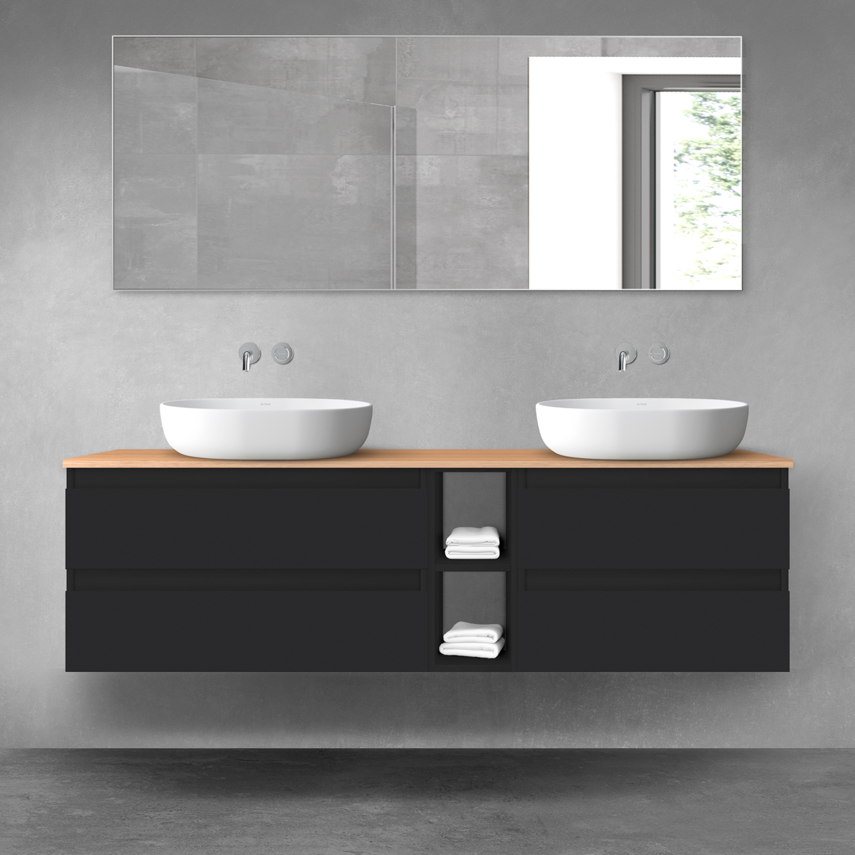 Oltens Vernal zestaw mebli łazienkowych 160 cm z blatem czarny mat/dąb 68634300 - Wysyłka w 24h