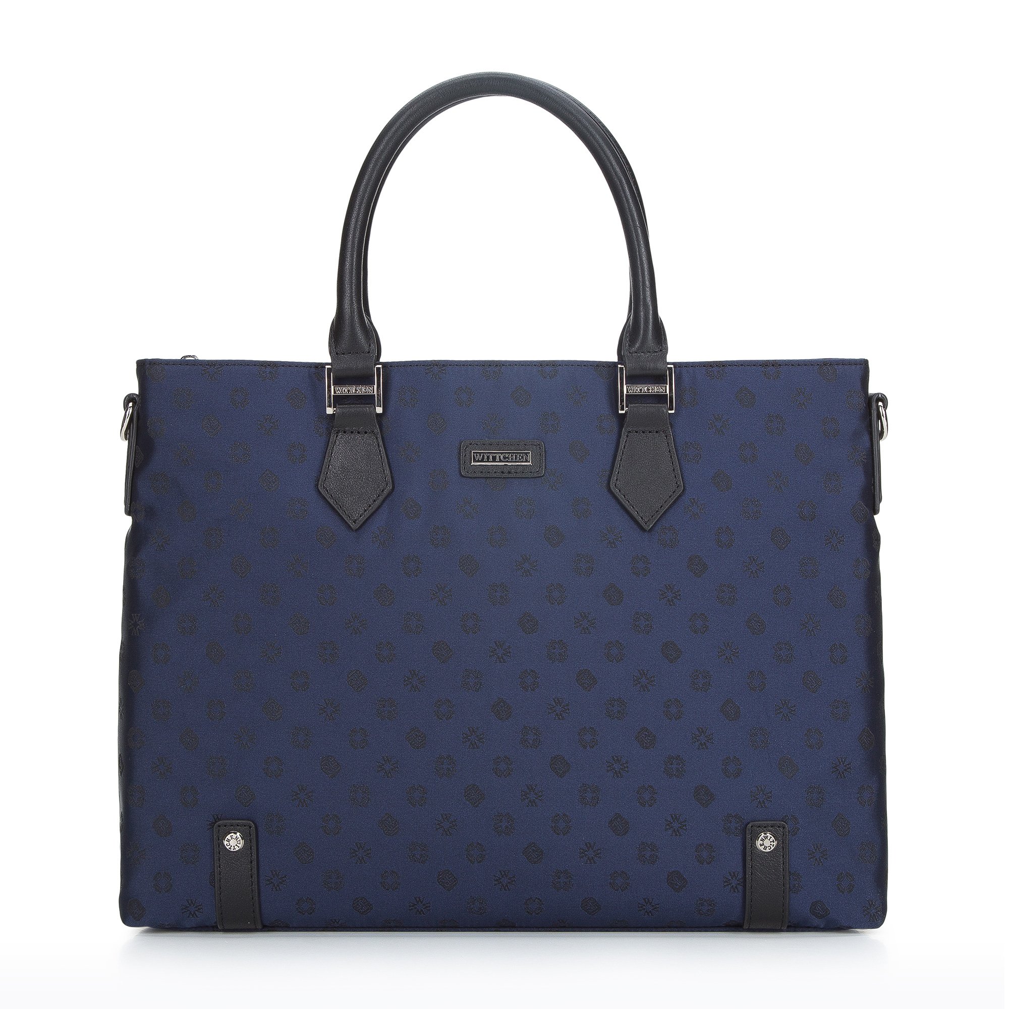 Damska torba na laptopa 12” z żakardu z opaskami ze skóry granatowa