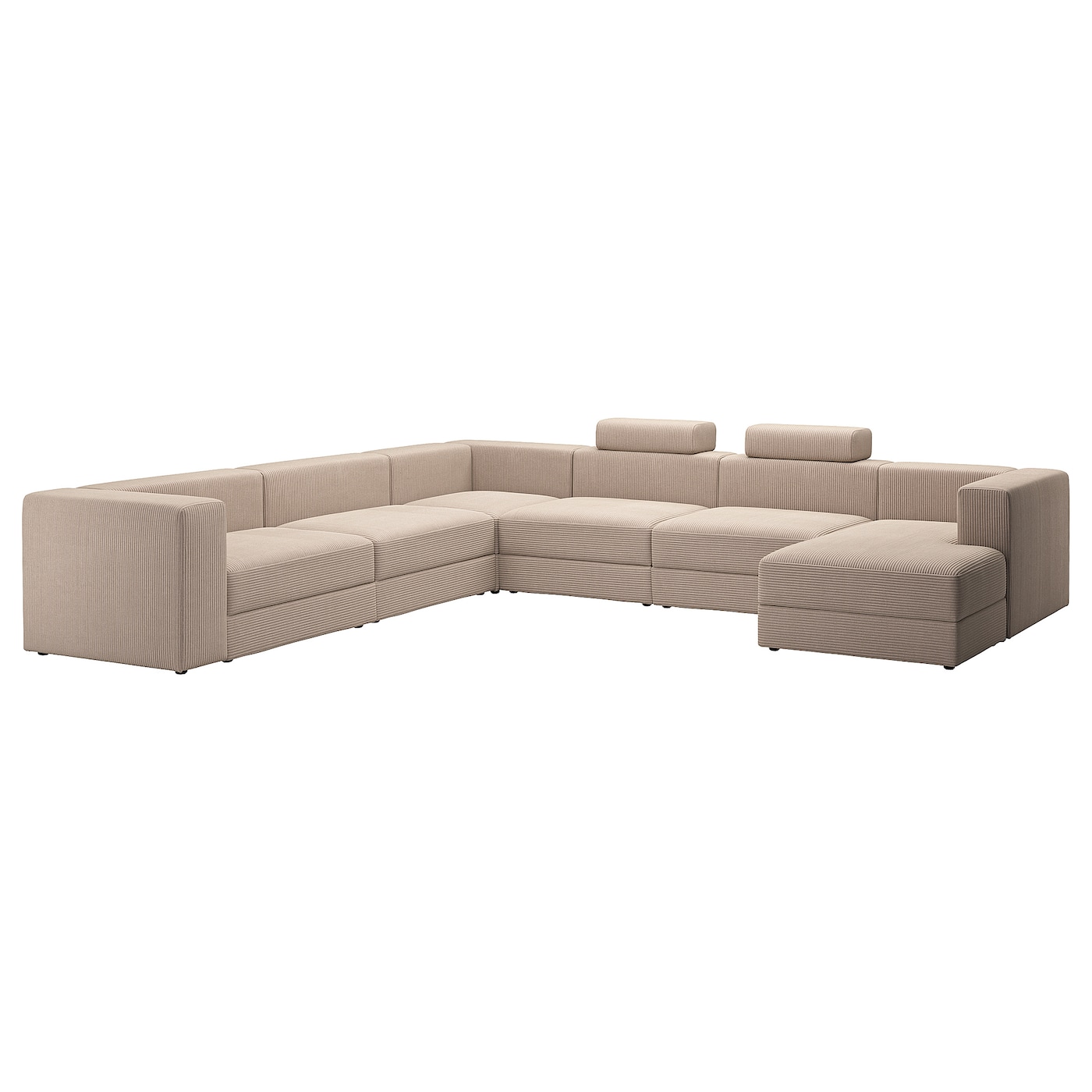 IKEA JÄTTEBO sofa w kształcie lit U, 7-osobowa, z leżanką, prawa z zagłówkiem/Samsala szarobeżowy, Wysokość: 87 cm
