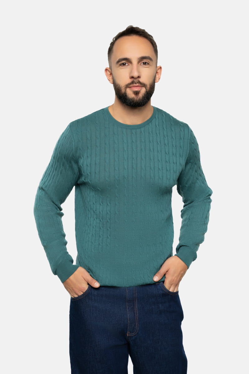 Sweter warkoczowy wełniany, zielony mariposa