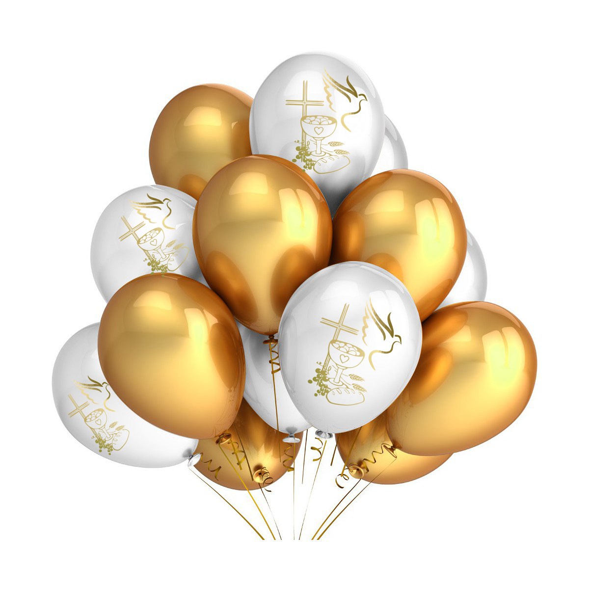 Balony komunijne na komunię z nadrukiem I Komunia Święta Gołąb biało-złote 10 szt.