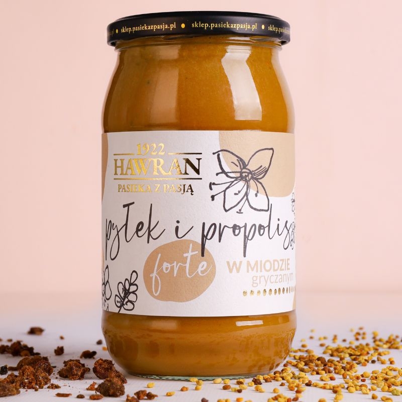 Pyłek i propolis FORTE w miodzie gryczanym 1010g - Pasieka z Pasją Hawran