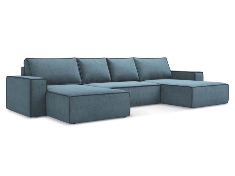 Sofa panoramiczna z funkcją spania Makamii Kimo z tkaniny strukturalnej 398x185 cm jasny niebieski 1 szt.