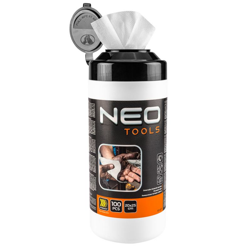 Chusteczki NEO TOOLS do mycia rąk oraz czyszczenia powierzchni i narzędzi z trudnych zabrudzeń, słoik 100 szt. 1 kpl.