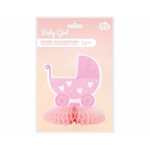 Dekoracja papierowa B&G na stół Baby Girl - wózek, jasnoróżowa, 16 cm