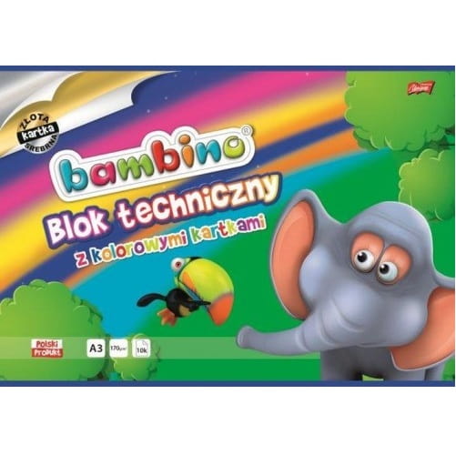 Bambino Blok techniczny A3- kolorowe kartki + złota i srebrna 170g