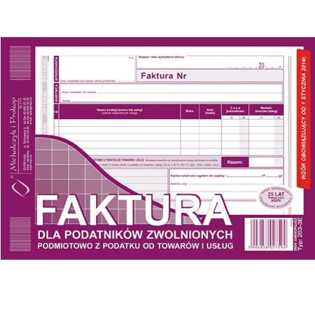 FAKTURA A5 DLA PODATNIKÓW ZWOL.PODM.Z PODATKU OD TOWARU I USŁUG 203-3E
