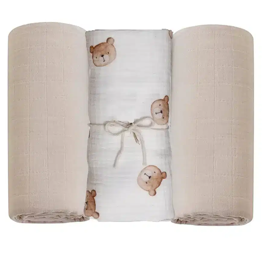 Zestaw 3 pieluszek muślinowych 1 x Teddy, 2 x muślin beż BW