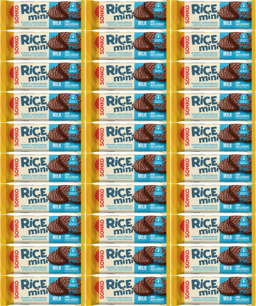 36x Mini wafle ryżowe Sonko Rice Mini Milk, w czekoladzie mlecznej, 6 sztuk, 27g