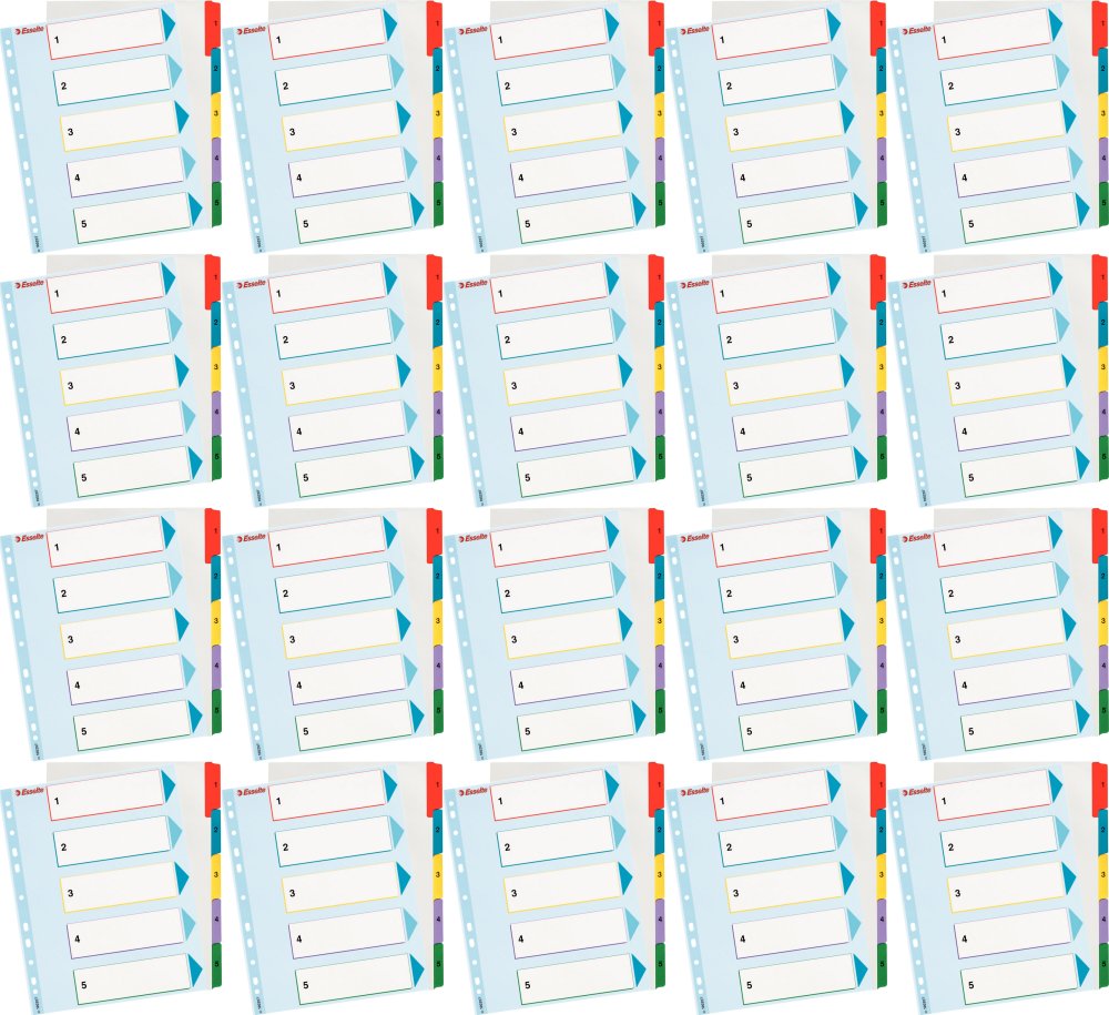 20x Przekładki do segregatora Esselte, kartonowe, numeryczne, A4+, 1-5 kart, mix kolorów