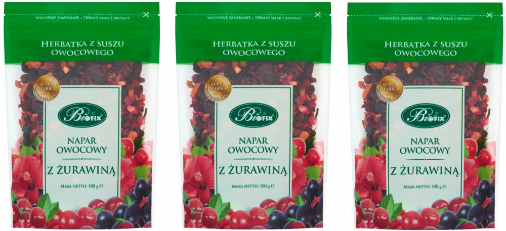 3x herbata owocowa z suszu BiFix, żurawina, 100g