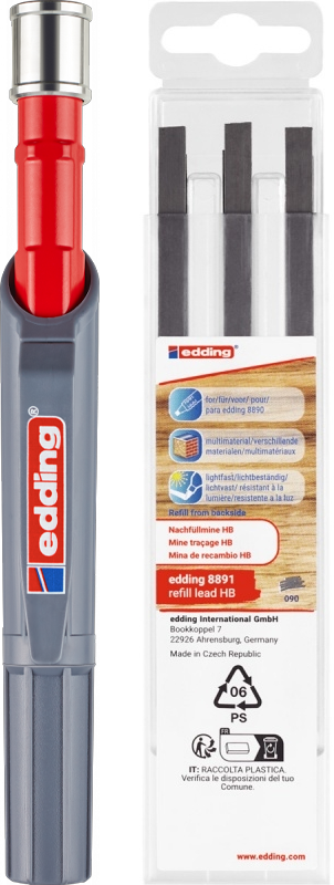 Zestaw: Ołówek stolarski mechaniczny edding e-8890, HB + Wymienne wkłady edding e-8891, do ołówka e-8890, HB, 6 sztuk