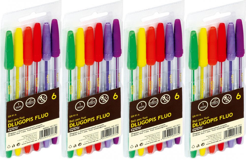 4x Długopis biurowy Grand GR-91 Fluo, 1mm, w etui, 6 sztuki, mix kolorów